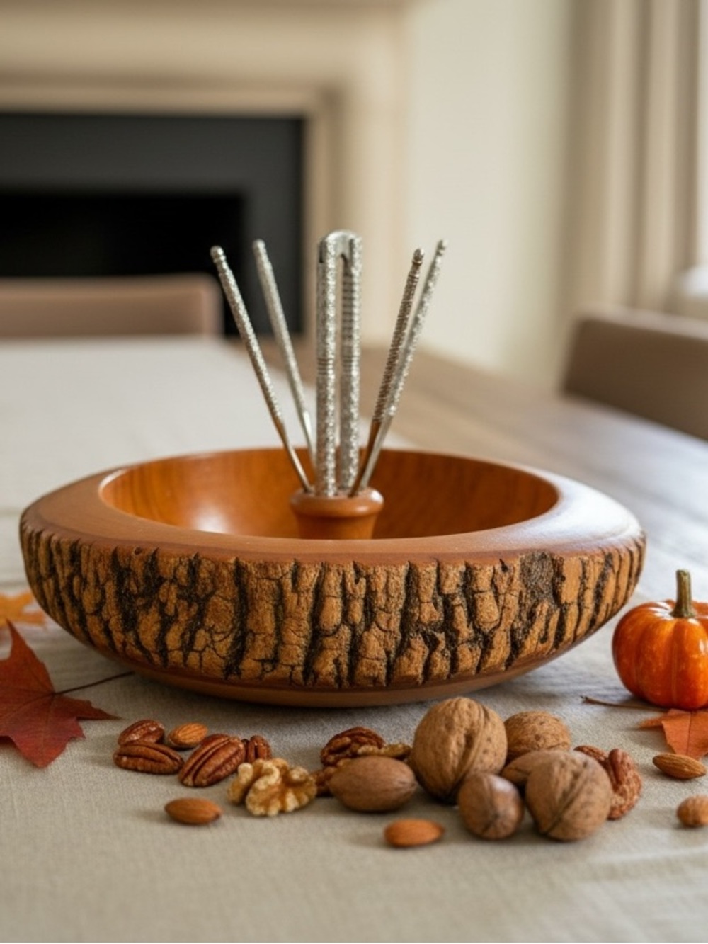 Handcrafted Bark-Texture Wooden Nut Bowl Live Edge Autumn Fall Decor